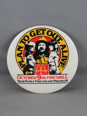 Vintage McDonalds Pin - Fire Safety Plan to Get out Alive - Celluloid Pin